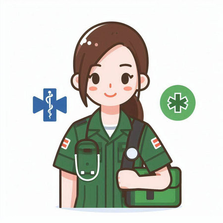 Young woman wearing a green uniform with the medical icons on the white background.のイラスト素材