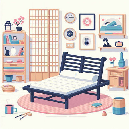 Bedroom interior with furniture and accessories. Vector illustration in cartoon styleのイラスト素材