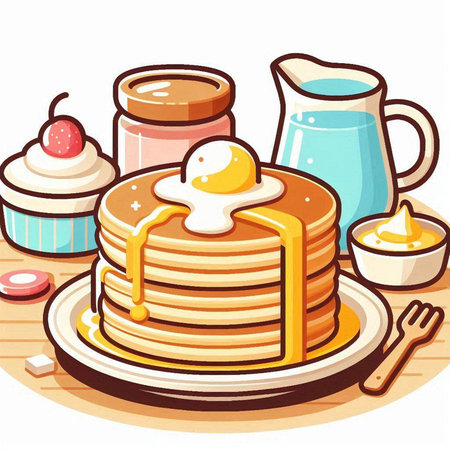 Illustration of a Stack of Pancakes with Butter and Dessertのイラスト素材