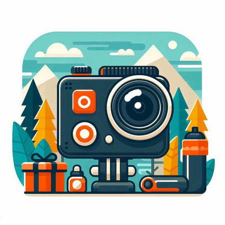 Retro camera in the forest. Vector illustration in flat style.のイラスト素材