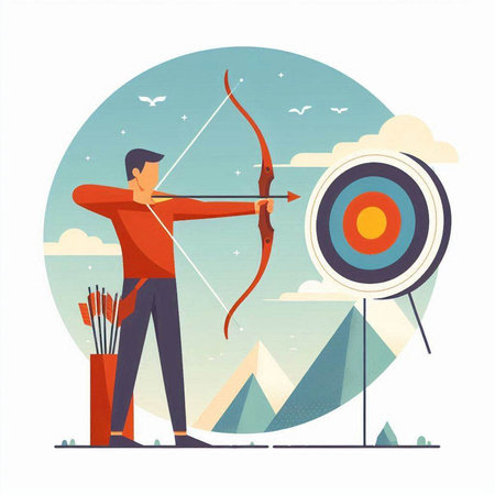 Archery flat color vector illustration. Archery competition. Man with bow and arrow aiming at target. Archery sport conceptのイラスト素材