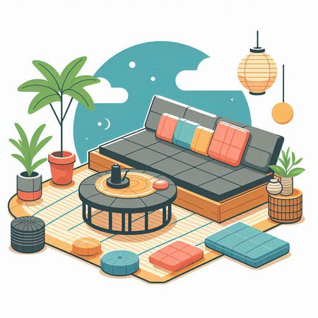 Vector isometric illustration of a living room with a sofa and a coffee tableのイラスト素材