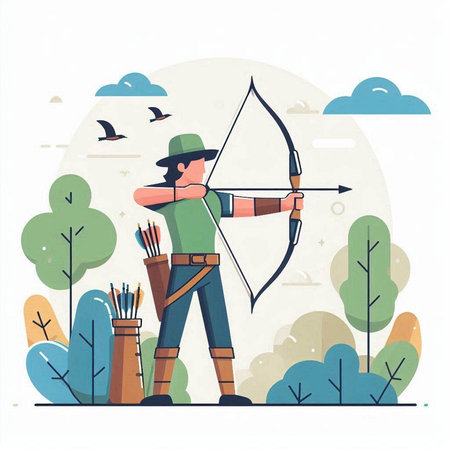 Archery vector illustration. Cartoon man with bow and arrow in the forest.のイラスト素材