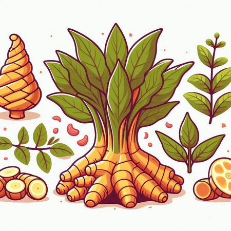 Ginger root vector illustration. Hand drawn ginger root with leaves.のイラスト素材