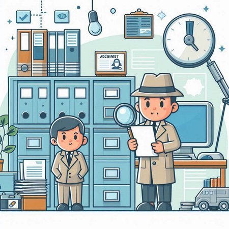 Office life. Vector illustration in a flat style. A man in a hat and a woman in a suit with documents.のイラスト素材