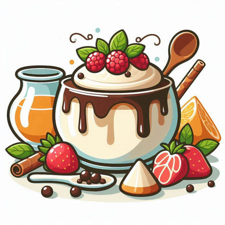 Chocolate pudding with berries and cream on a white background. Vector illustration.のイラスト素材