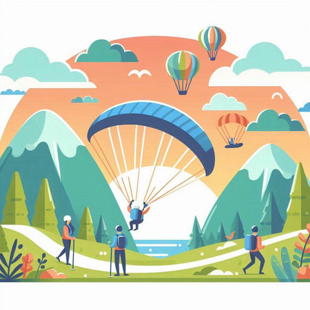 Paraglider flying over the lake. Flat vector illustration.のイラスト素材