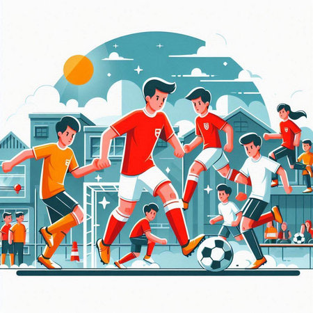 Soccer players on the field. Soccer players in action. Vector illustration.のイラスト素材