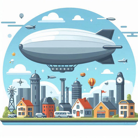Airship over the city. Vector illustration in flat design style.のイラスト素材