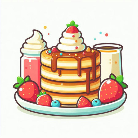 Illustration of a stack of pancakes with strawberry and whipped cream.のイラスト素材