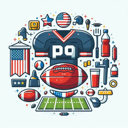 American football round icon with american symbols. Vector illustration in thin line styleのイラスト素材