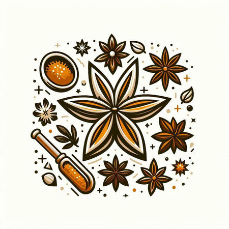 Cinnamon, star anise, cloves, honey, powder. Vector illustration.のイラスト素材