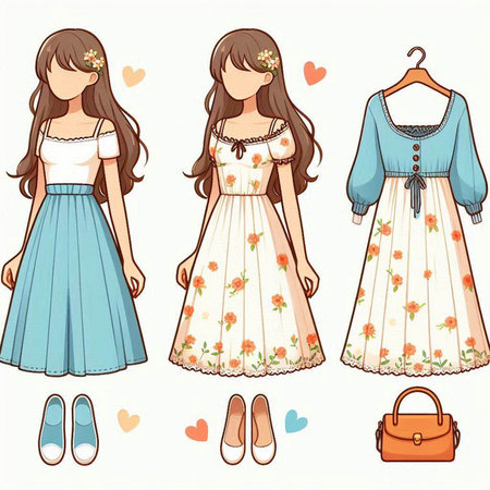 Illustration of a set of women's dresses and shoes on a white backgroundのイラスト素材