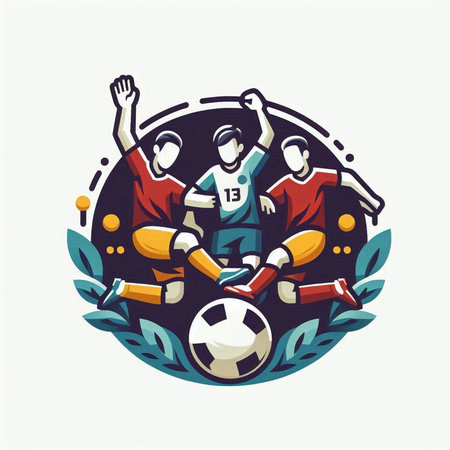 Soccer emblem with soccer players and balls, vector illustration in retro styleのイラスト素材
