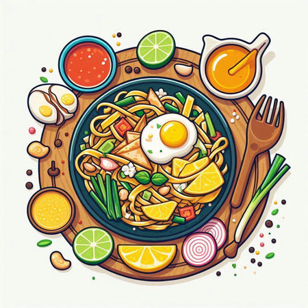 Noodles with egg and vegetables on a plate. Vector illustration.のイラスト素材