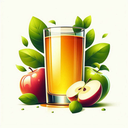 Glass of apple juice with apples and green leaves. Vector illustration.のイラスト素材