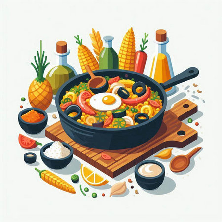 Mexican cuisine vector illustration. Traditional mexican food in frying pan.のイラスト素材