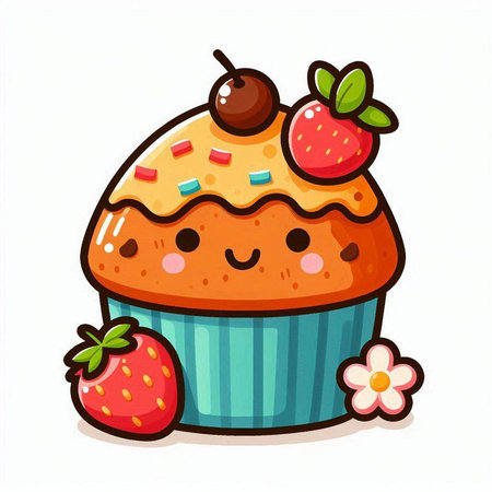 Cute cupcake with strawberry on white background. Vector illustration.のイラスト素材