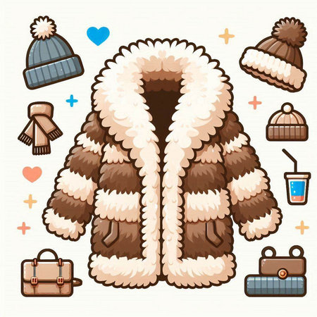 Winter clothing set. Vector illustration of fur coat, hat, scarf and bag.のイラスト素材