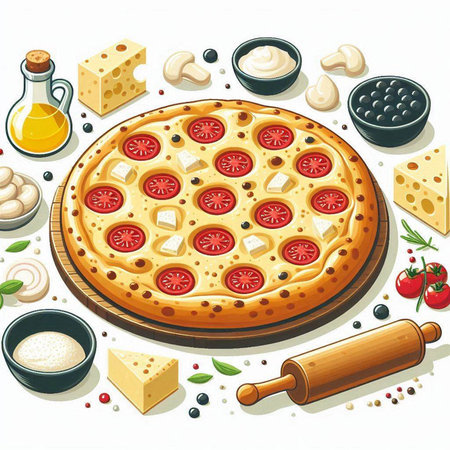 Pizza ingredients on white background. Vector illustration of pizza ingredients.のイラスト素材