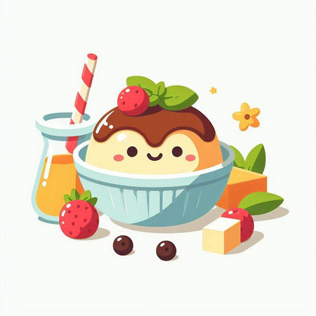 Cute cartoon ice cream with milk and fruits. Vector illustration.のイラスト素材