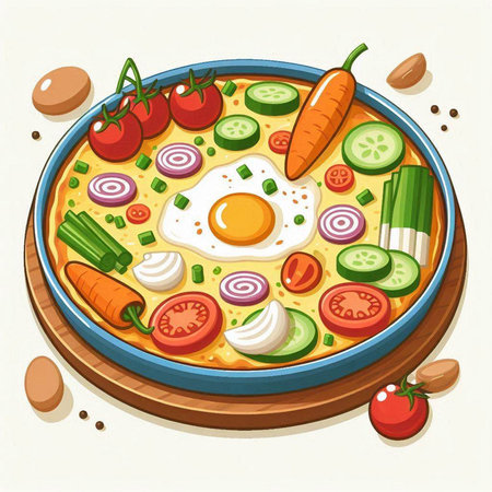 Illustration of a fried egg in a frying pan with fresh vegetablesのイラスト素材