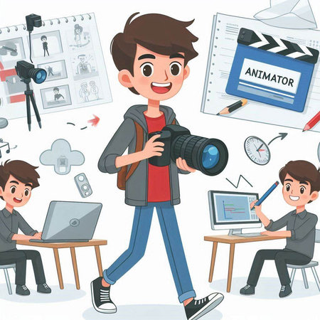 Illustration of a Kid Boy Holding a Camera and Working on His Laptopのイラスト素材