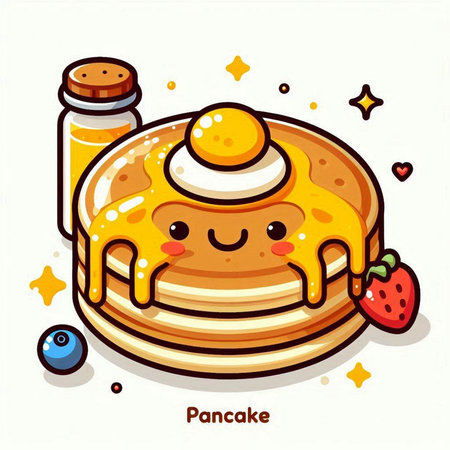 Cute pancake with honey and berries. Vector illustration in cartoon style.のイラスト素材