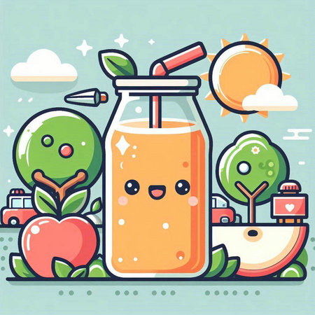 Cute cartoon apple juice in a glass bottle. Vector illustration.のイラスト素材