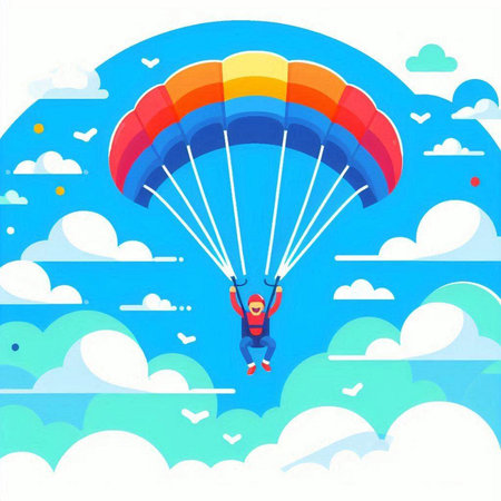 Parachute in the sky with clouds. Flat vector illustration.のイラスト素材