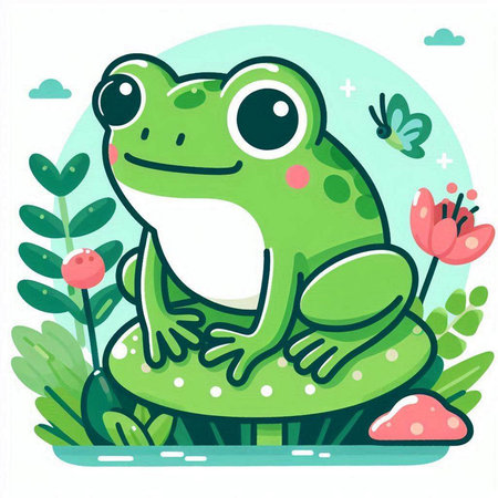 Frog and flowers. Cute cartoon character. Vector illustration.のイラスト素材