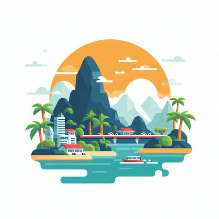 Landscape with mountains, river and city in flat style. Vector illustration.のイラスト素材
