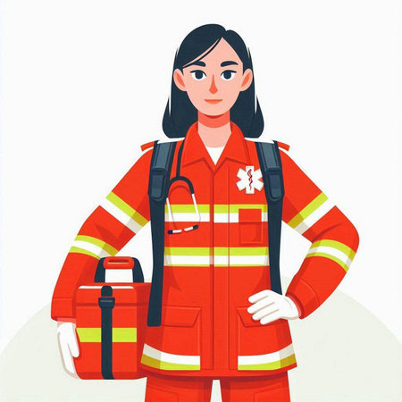 Firefighter woman in uniform. Vector illustration in flat cartoon style.のイラスト素材
