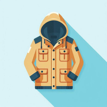 Winter jacket with long shadow on blue background. Flat style vector illustration.のイラスト素材