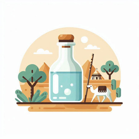 Bottle of potion in the desert. Vector flat cartoon illustration.のイラスト素材