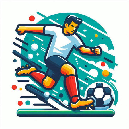 Soccer player kicking the ball. Vector illustration in cartoon style.のイラスト素材