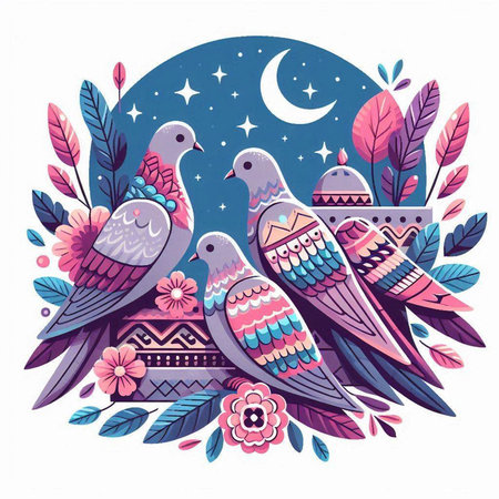 Pigeons with flowers and moon in the sky. Vector illustration.のイラスト素材