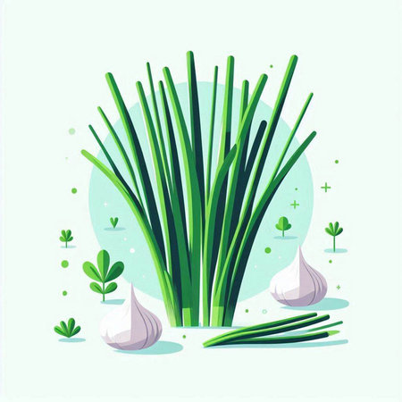 Illustration of fresh green onion and garlic on green background. Vector illustrationのイラスト素材