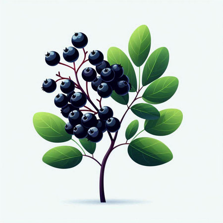 Bunch of ripe black chokeberry with green leaves. Vector illustration.のイラスト素材