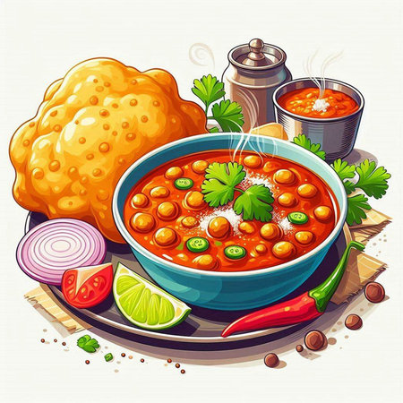 Illustration of a bowl of spicy chickpea curry with ingredientsのイラスト素材