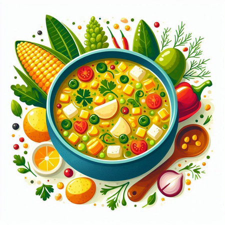 Vegetable soup in a bowl with ingredients. Vector illustration.のイラスト素材