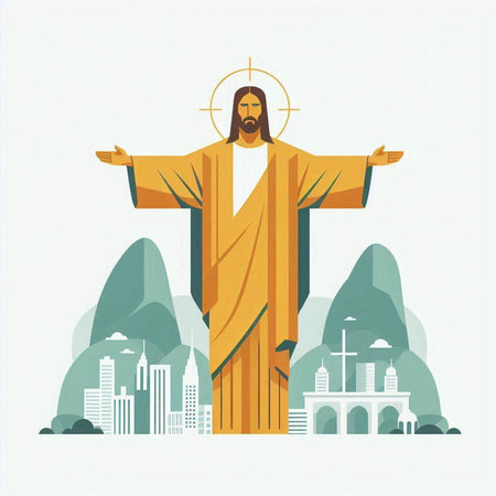 Jesus Christ on the background of the city. Vector illustration in flat styleのイラスト素材