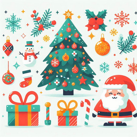 Christmas tree, Santa Claus, gifts and snowman. Vector illustration.のイラスト素材