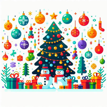 Christmas tree with snowman, gifts and baubles. Vector illustrationのイラスト素材