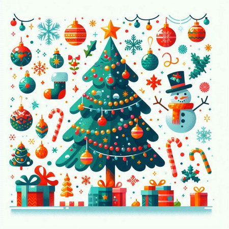 Christmas tree with gifts and decorations. Vector illustration in flat style.のイラスト素材