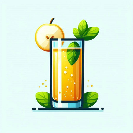 Glass of fresh juice with apple and mint leaves. Vector illustration.のイラスト素材