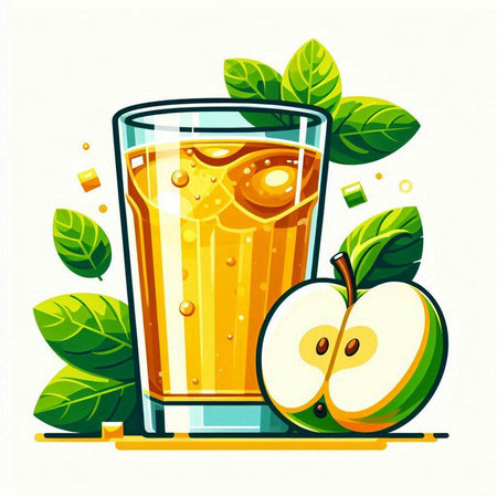 Glass of apple juice with apples and mint leaves. Vector illustration.のイラスト素材