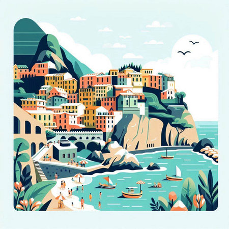 Cinque Terre, Italy. Travel postcard. Vector illustration.のイラスト素材