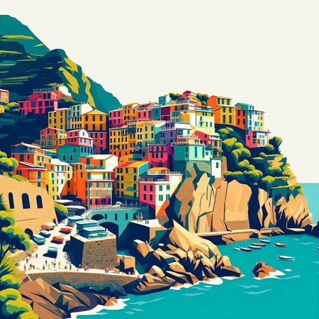 Cinque Terre, Liguria, Italy. Colorful houses on the hills.のイラスト素材