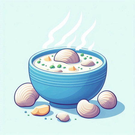 Illustration of a bowl of soup with clams on a blue backgroundのイラスト素材